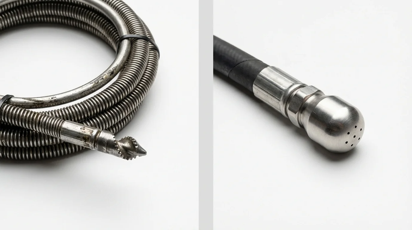 Drain snake cable and hydro jetting nozzle used for drain cleaning in Cedar Grove, NJ
